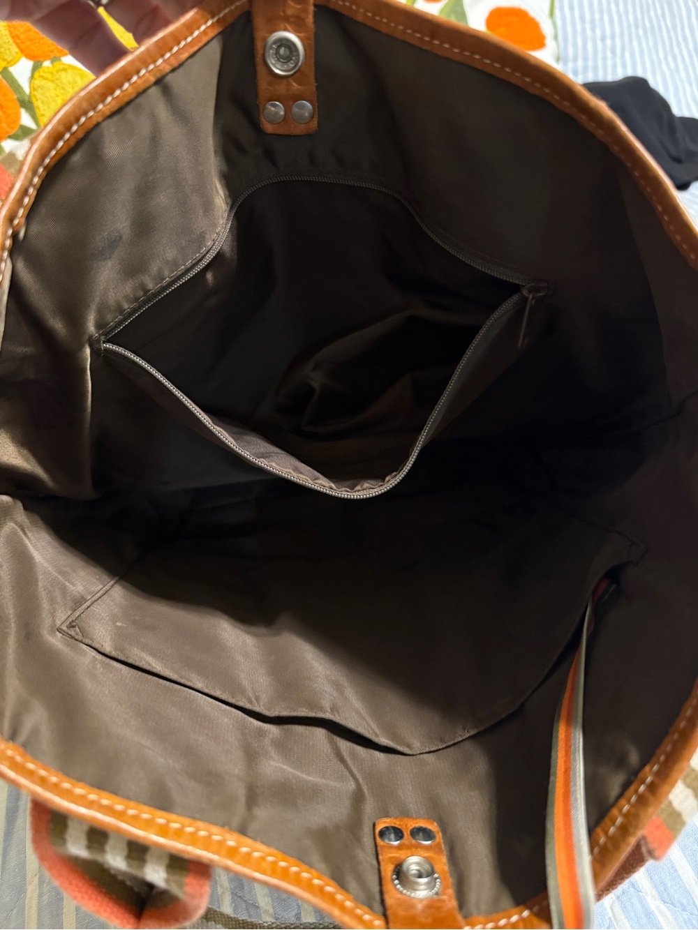 Orla Kiely Brown and Orange Leaf-Print coated Canvas Tote with Striped Handles - Picture 10 of 12